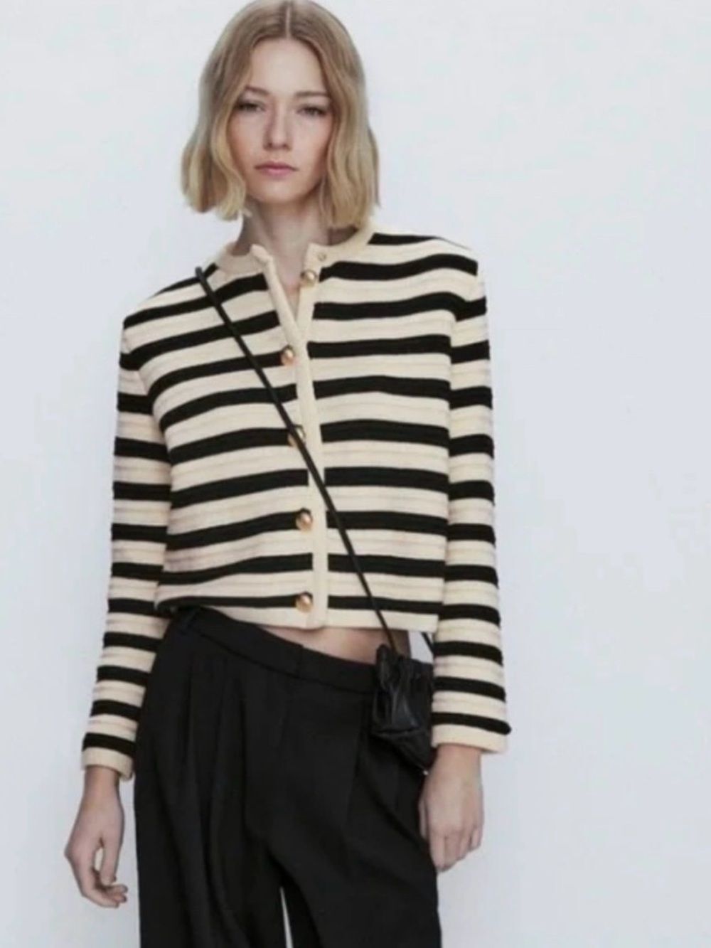 Massimo Dutti Striped Black Cream Cardigan Lady Jacket Large